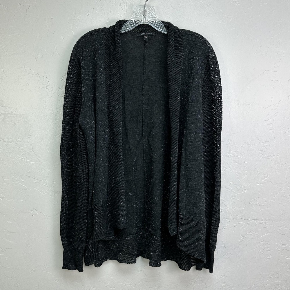 Eileen Fisher Sweater Womens Large Metallic Merino Wool Open Front‎ Cardigan